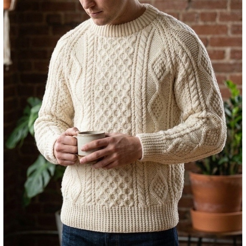 Vintage‎ Morrison Ireland Sweater XL Cream Wool Fisherman Cable Knit Ivory